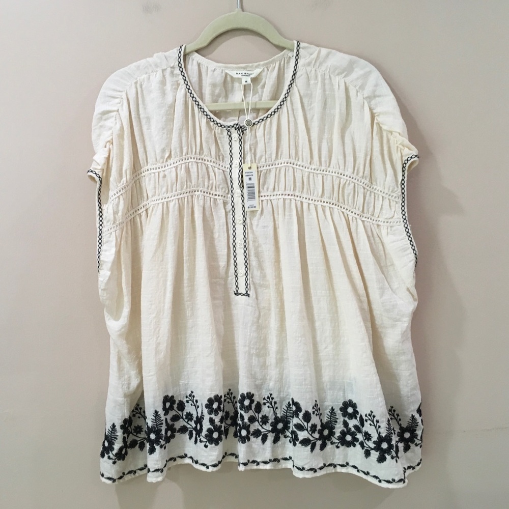 Max Studio Embroidered Floral Boho Blouse Cream Black Smocked Peasant Top Medium